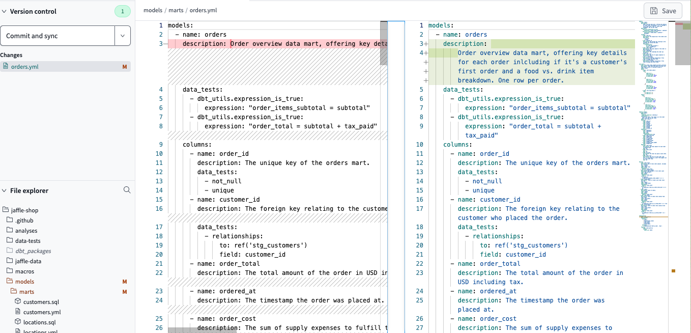 The Git Diff View displays the previous version on the left and the changes made on the right of the Editor